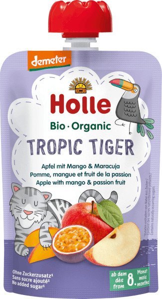 Holle Mus dla niemowląt Tropikalny Tygrys, Jabłko, Mango i Marakuja (od 8 miesiąca) 100g