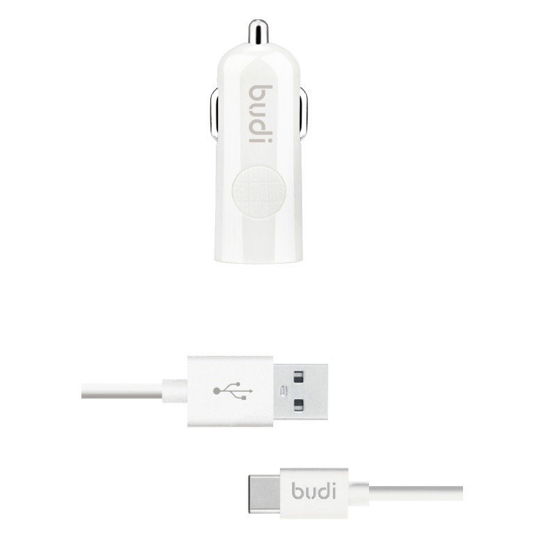 BUDI Budi Ładowarka samochodowa USB 12W z kablem USB-C w zestawie biała BD062T