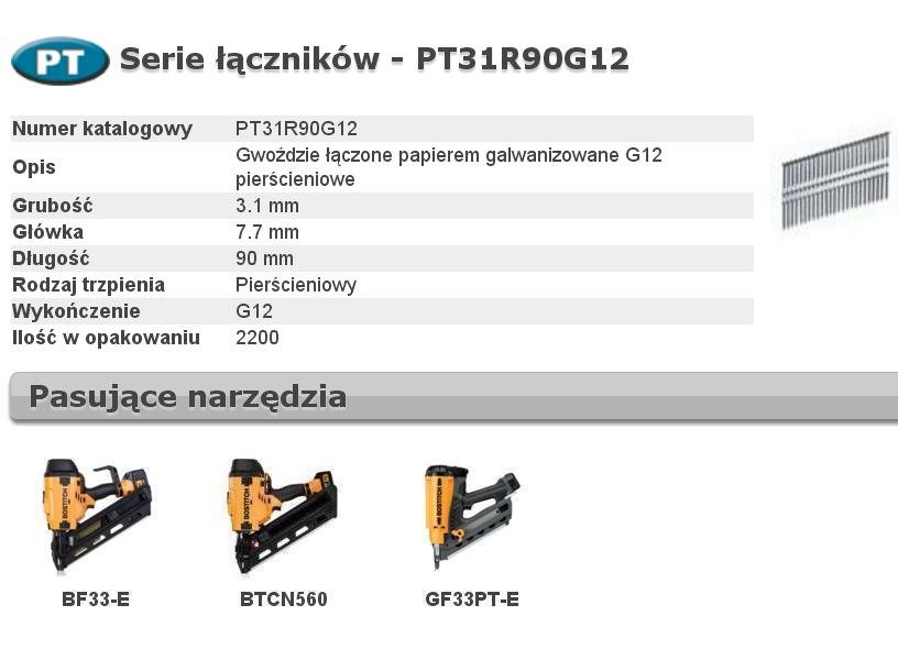 Bostitch Bostitch PT31R90G12 gwoździe 33° 3,1x90 mm pierścieniowe galwanizowane łączone taśmą papierową 2200 szt. PT31R90G12