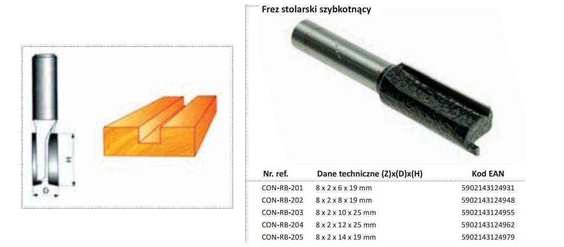 CONDOR FREZ DO DREWNA PROSTY Fi=8 x 19mm TRZPIEŃ 8mm BEZ ŁOŻYSKA CONRB202