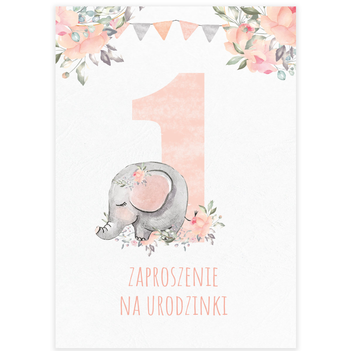 Zaproszenia urodzinowe, 1 roczek, Słonik różowy