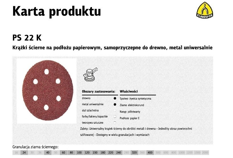 Klingspor Papier ścierny samoprzyczepny PS 22 K 6 otworów 97072