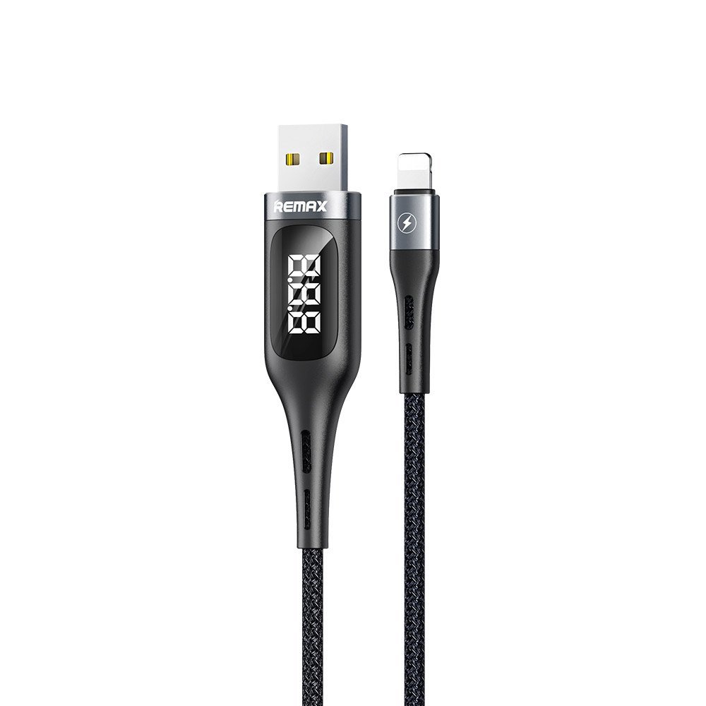 Remax kabel przewód USB - Lightning do ładowania z ekranem wyświetlaczem miernikiem prądu 2,1 A 1,2 m + wbudowany timer czasu ładowania czarny (RC-096i black) - Lightning (męski) USB Typ A (męski) RC-096i black
