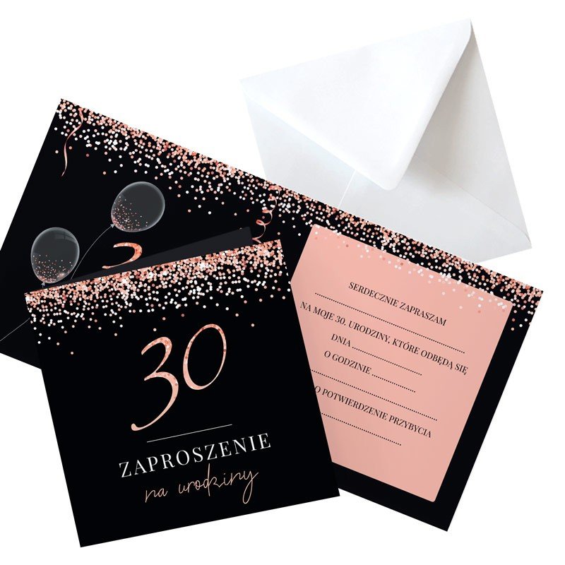 Zaproszenia na 30 urodziny rosegold black, 10szt (+koperty)