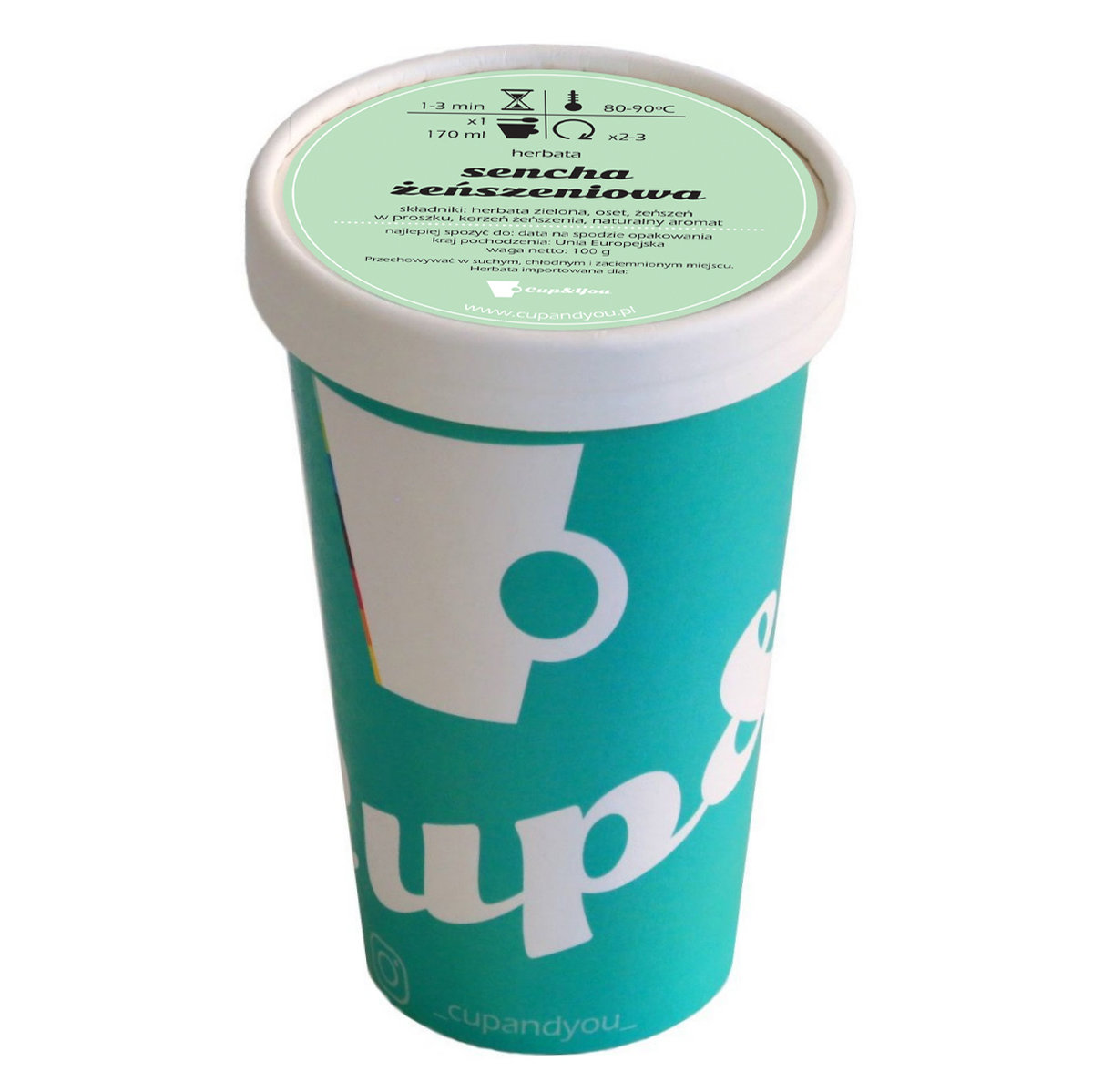 Herbata zielona smakowa CUP&YOU, sencha żeńszeniowa w EKO KUBKU, 100 g