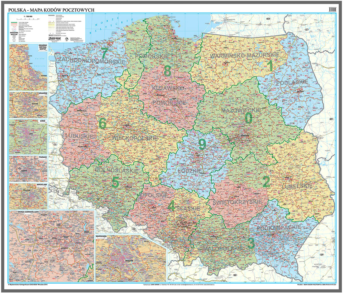 EkoGraf, Polska mapa ścienna kody pocztowe na podkładzie w drewnianej ramie, 1:700 000