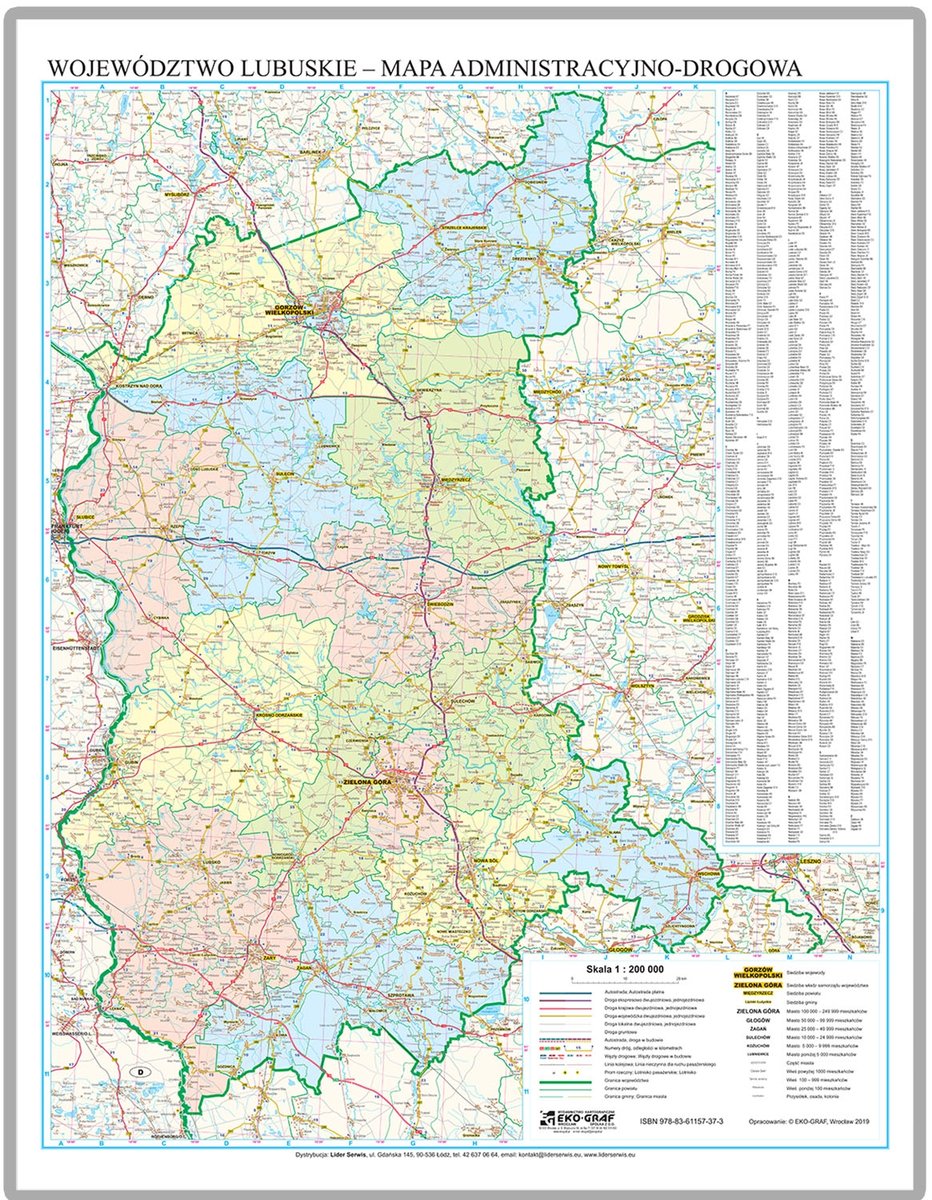 EkoGraf, Województwo lubuskie mapa ścienna na podkładzie w drewnianej ramie, 1:200 000