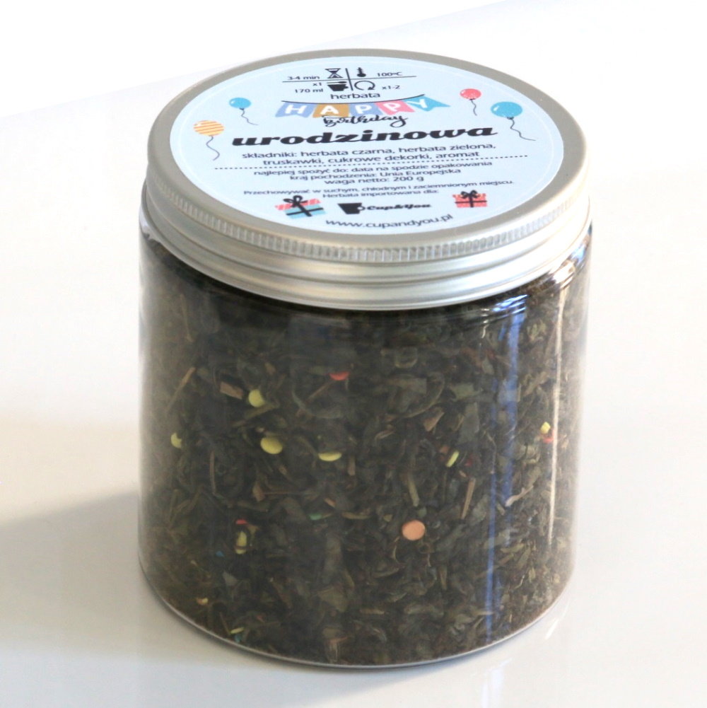 Herbata urodzinowa CUP&YOU, mieszanka herbaty czarnej i zielonej + konfetti, smak truskawkowy, 200 g