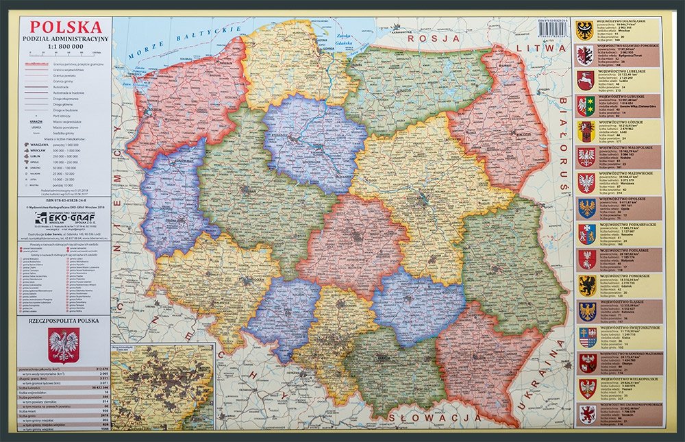 EkoGraf, Polska mapa ścienna administracyjna na podkładzie do wpinania - pinboard, 1:1 800 000