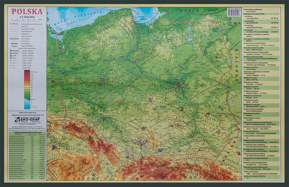 EkoGraf, Polska mapa ścienna fizyczna na podkładzie w drewnianej ramie, 1:1 800 000