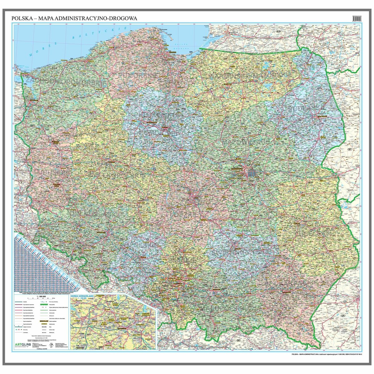 EkoGraf, Polska mapa ścienna administracyjno-drogowa z tablicami rejestracyjnymi na podkładzie do wpinania - pinboard, 1:500 000