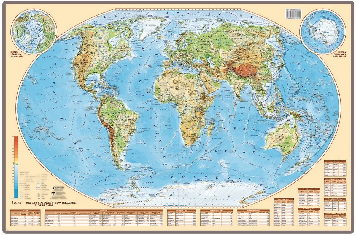 EkoGraf, Świat mapa ścienna fizyczna na podkładzie w drewnianej ramie, 1:60 000 000