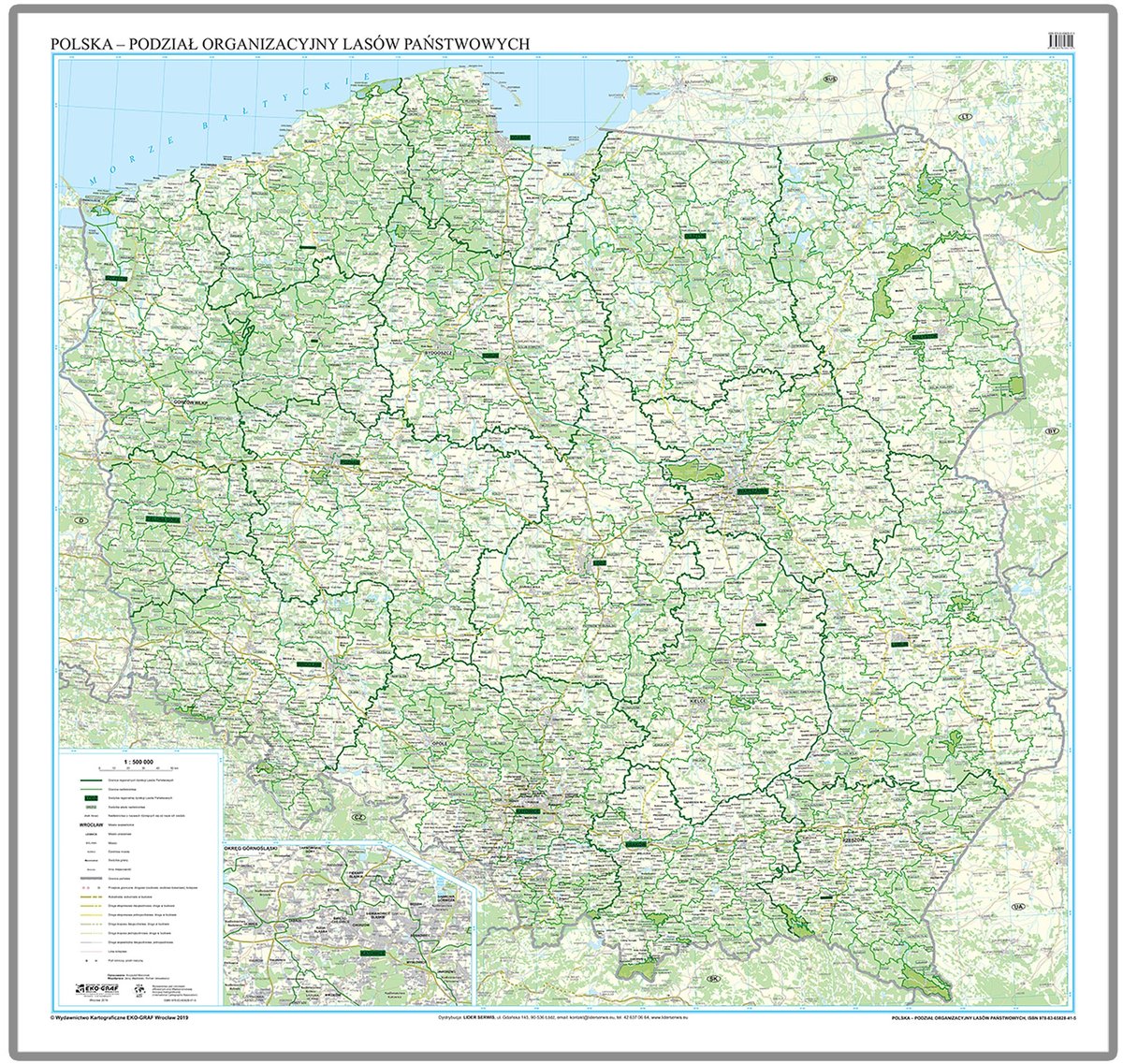 EkoGraf, Polska - podział organizacyjny Lasów Państwowych mapa ścienna na podkładzie w drewnianej ramie, 1:500 000