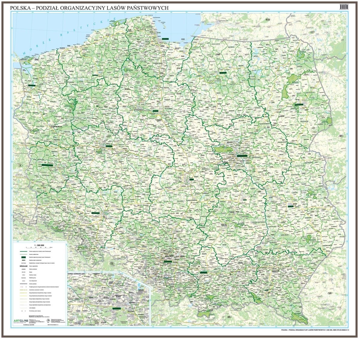 EkoGraf, Polska - podział organizacyjny Lasów Państwowych mapa ścienna na podkładzie do wpinania - pinboard, 1:500 000