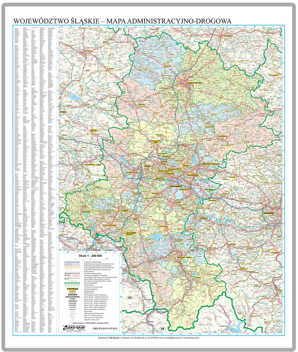 EkoGraf, Województwo śląskie mapa ścienna na podkładzie w drewnianej ramie, 1:200 000