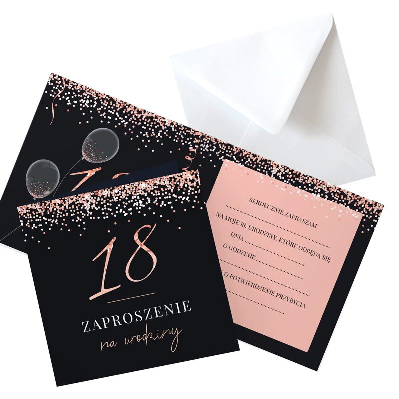 Zaproszenia na 18 urodziny rosegold black, 10szt (+koperty)