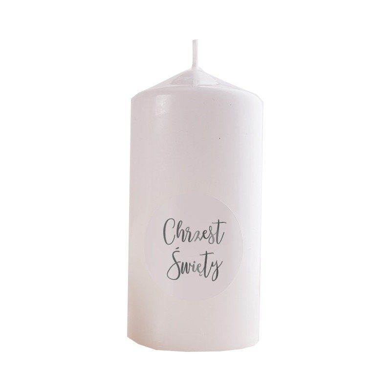 Świeca pieńkowa, na chrzest ze srebrnym napisem, 12cm/6cm, biała