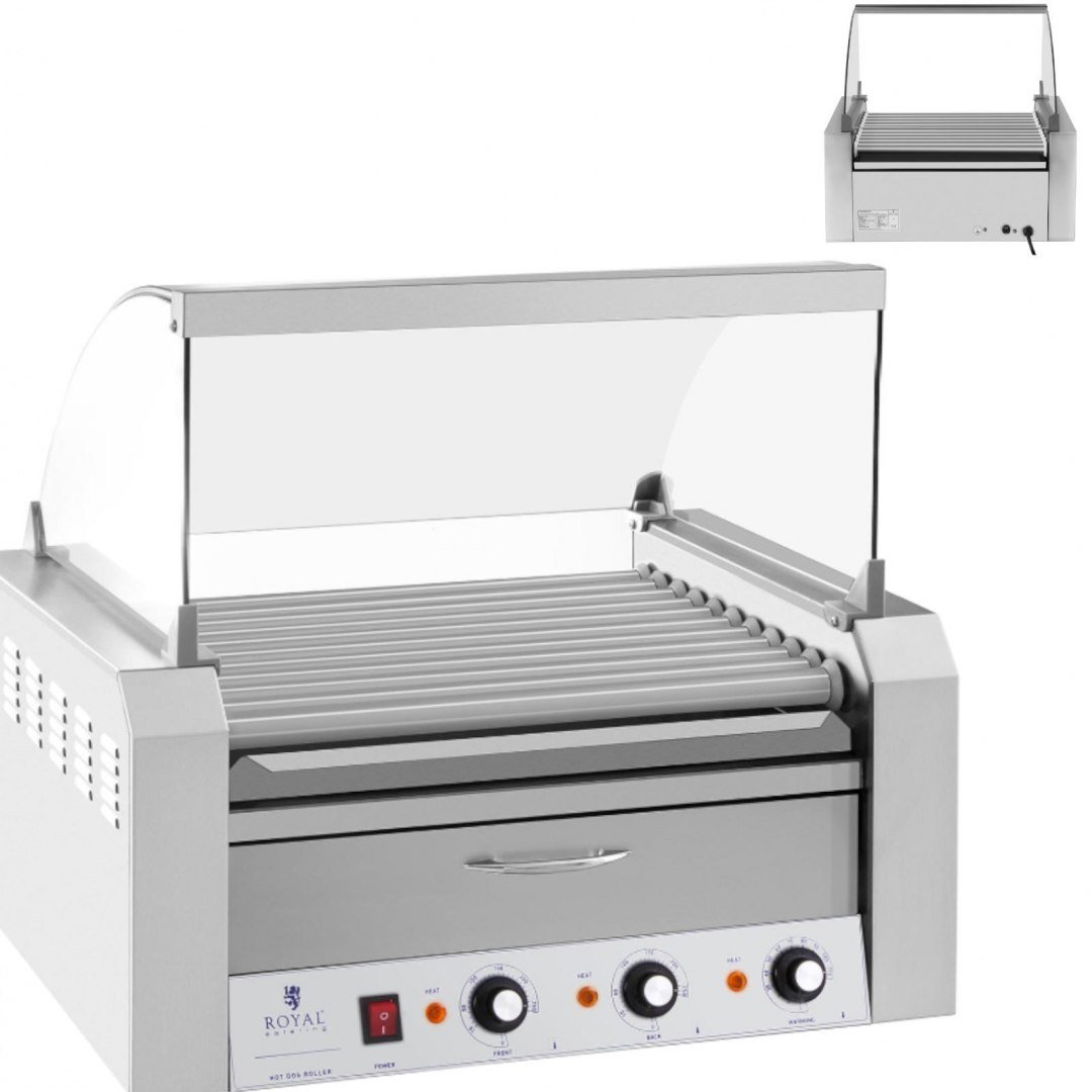 Royal Catering grill rolkowy z osłoną i szufladą grzewczą Roller grill rolkowy z osłoną i szufladą grzewczą do bułek 20 parówek HotDog 2600W 230V Royal Catering 1007117