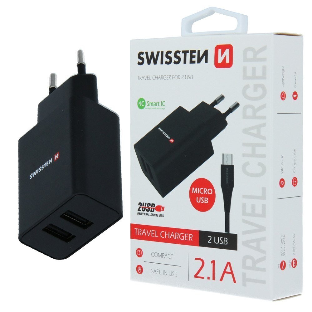 Swissten Ładowarka Z microUSB kabelem 100-240V 5V 2100mA do ładowania telefonów i innych urządzeń czarny 22052000