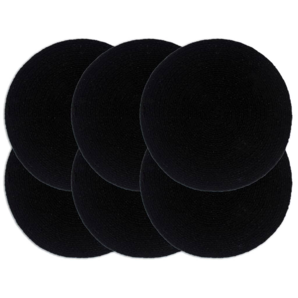 vidaXL Maty na stół, 6 szt., gładkie, czarne, 38 cm, okrągłe, bawełna