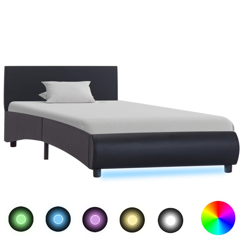 vidaXL Rama łóżka z LED, czarna, sztuczna skóra, 90 x 200 cm