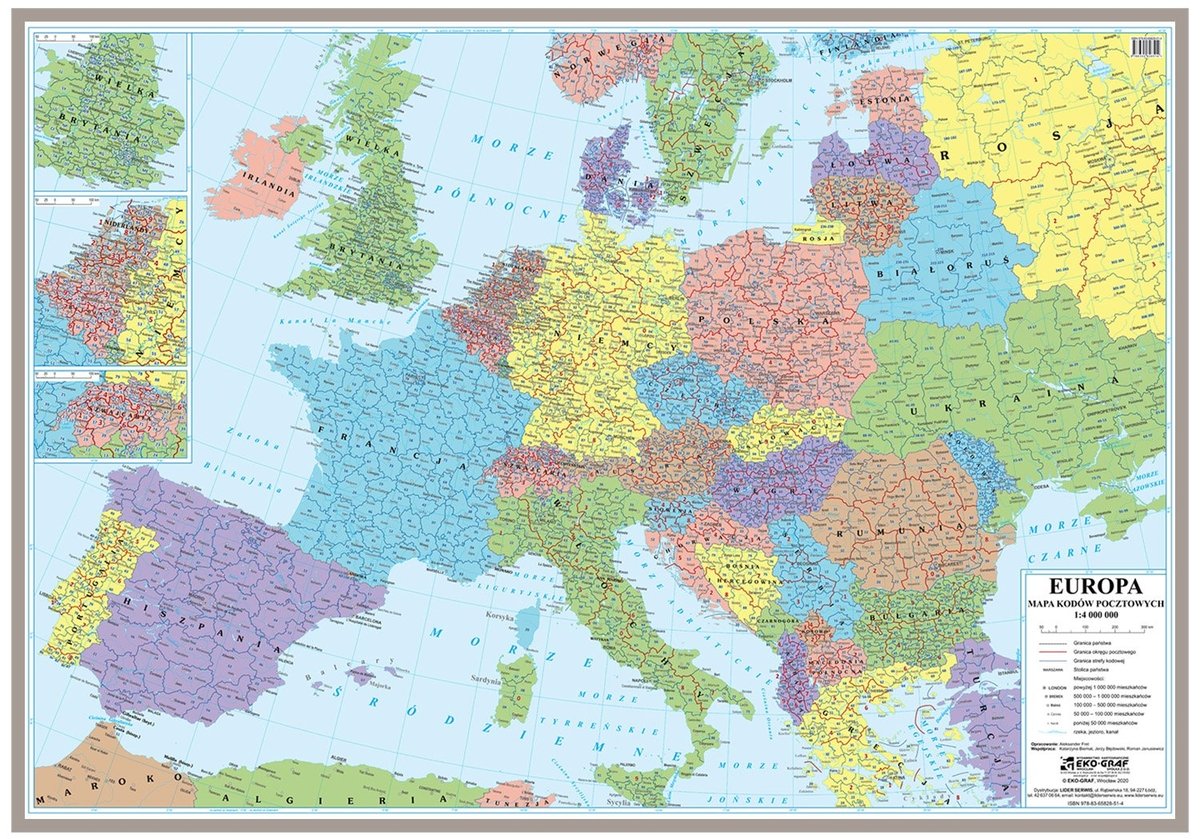 EkoGraf, Europa mapa ścienna kody pocztowe na podkładzie w drewnianej ramie, 1:4 000 000