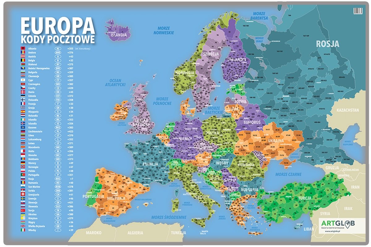 Europa mapa ścienna kody pocztowe na podkładzie w drewnianej ramie, ArtGlob