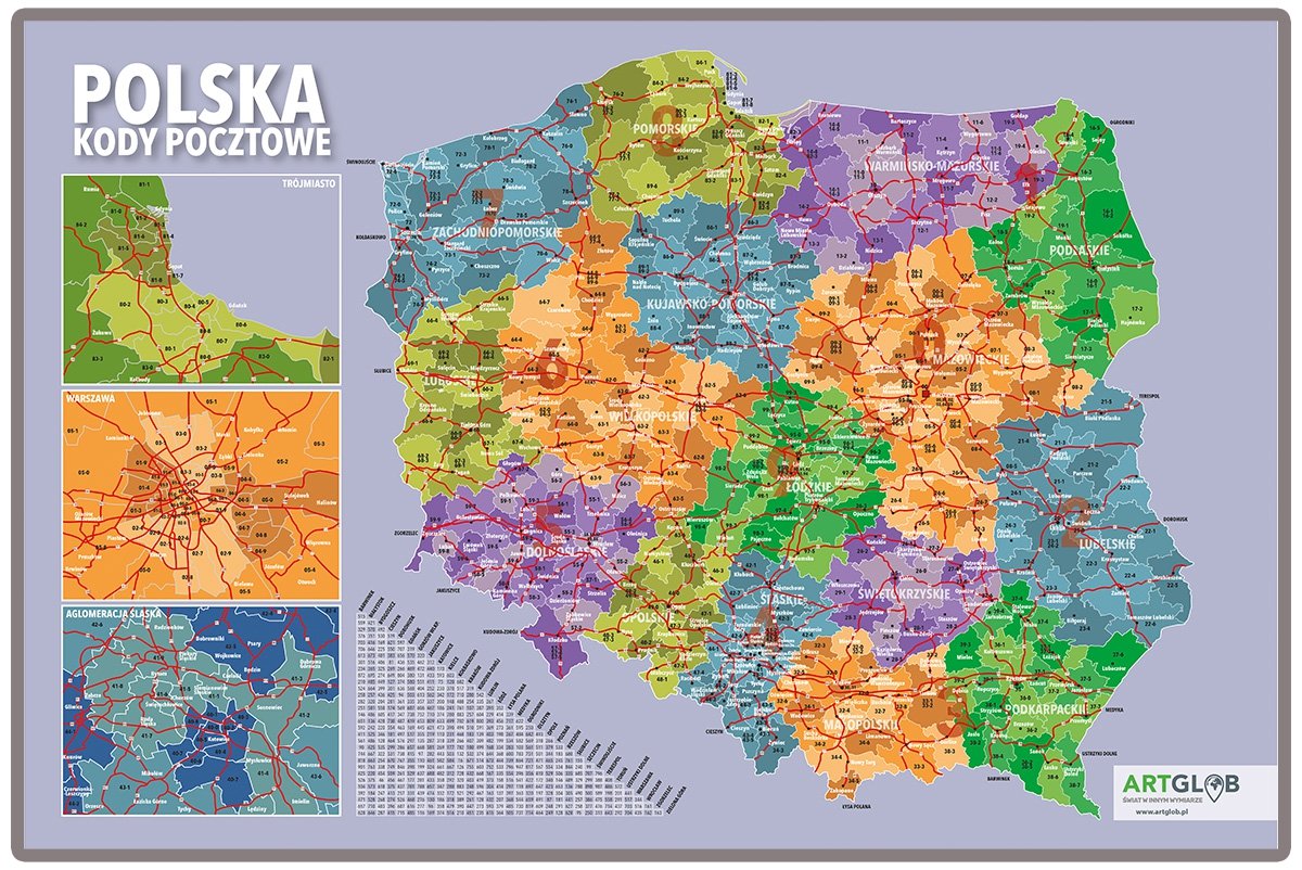ArtGlob, Polska mapa ścienna kody pocztowe na podkładzie w drewnianej ramie