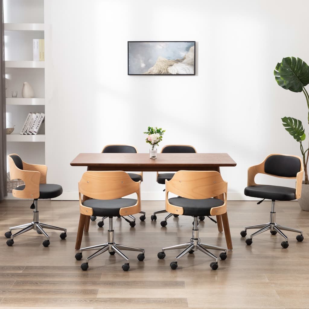 vidaXL Krzesła obrotowe, 6 szt., czarne, gięte drewno i sztuczna skóra