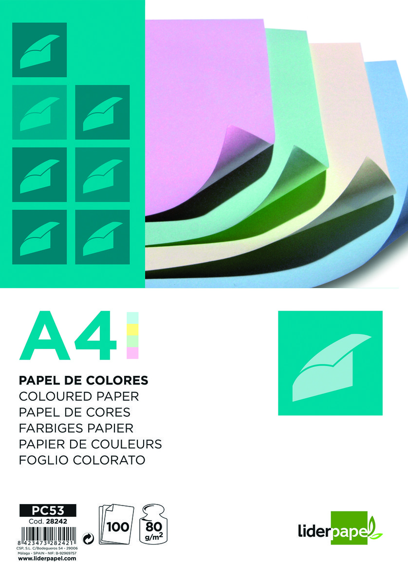 LIDERPAPEL Papier kolorowy LIDERPAPEL, 4x pastelowy, 100 arkuszy, mix kolorów LP28242