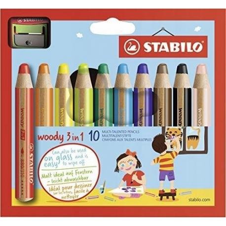 Stabilo Stabilo woody 3 in 1 kredki, kredki świecowe i kredki akwarelowe w jednym, zestaw 10 sztuk + temperówka 880/10-2