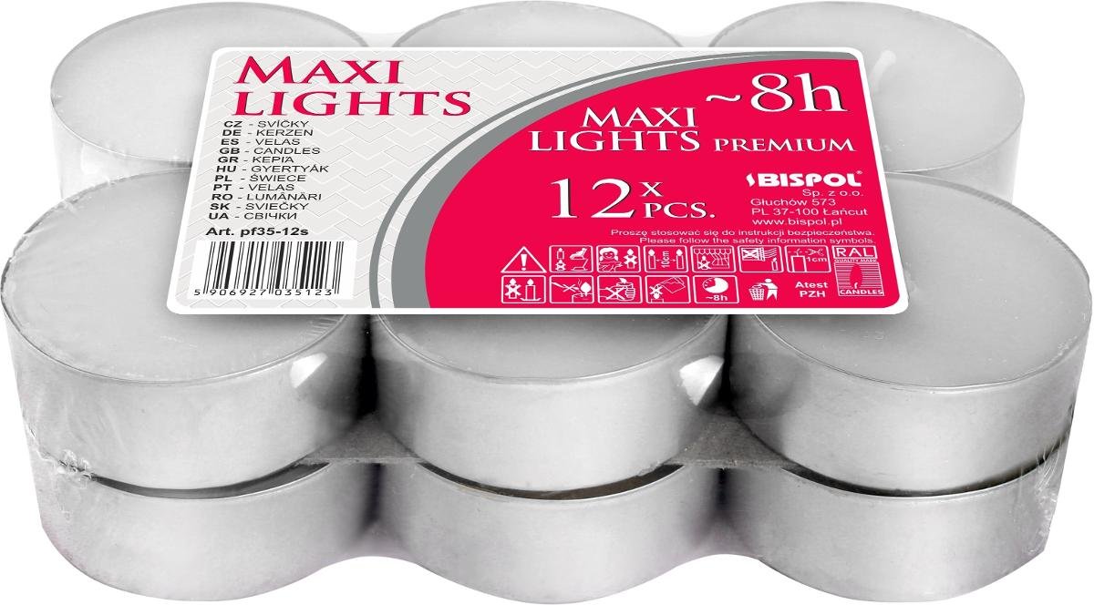 Bispol Podgrzewacze bezzapachowe tealight 8H MAXI LIGHT 12szt BISPOL5123