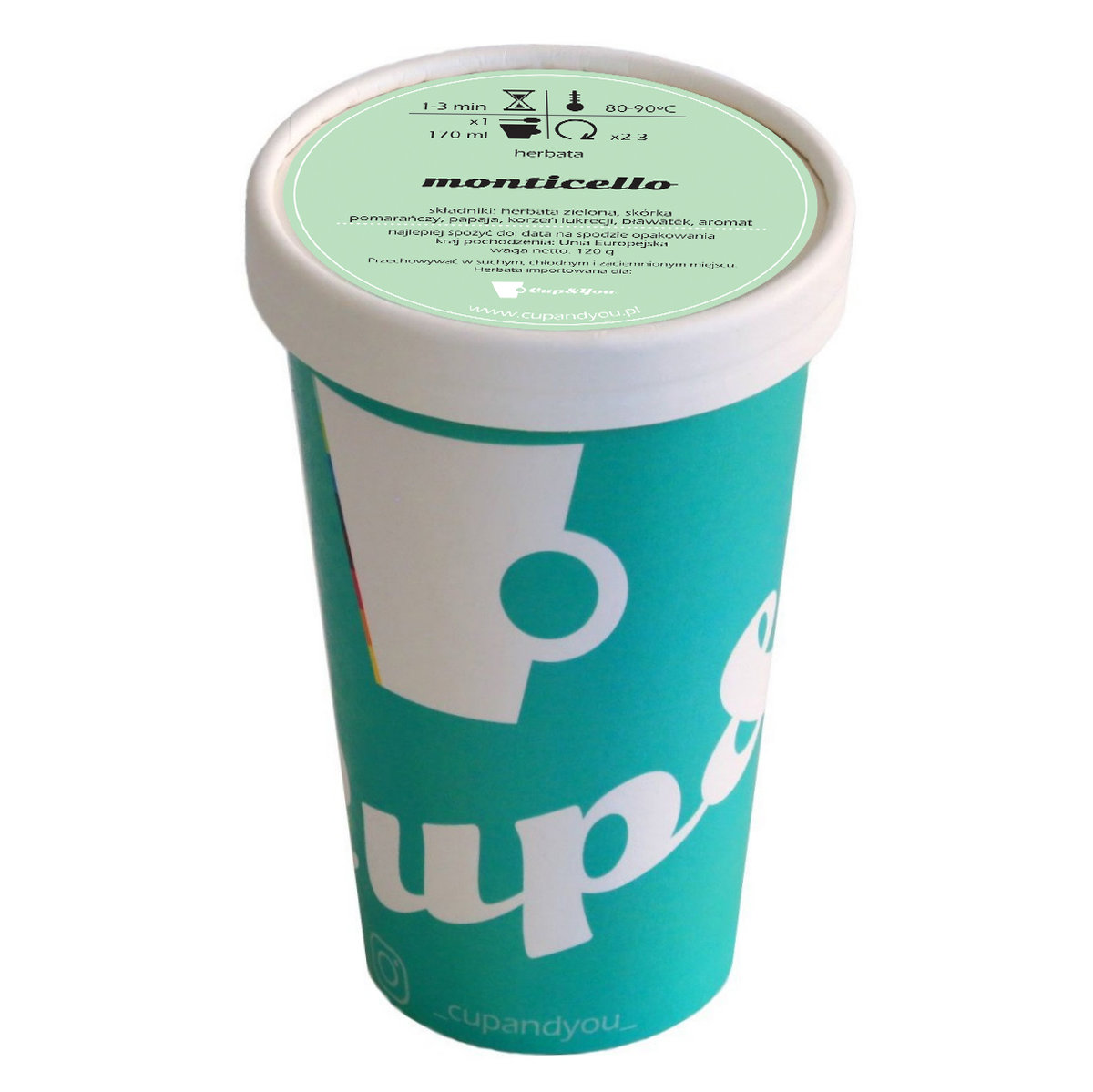 Herbata zielona smakowa CUP&YOU, monticello w EKO KUBKU, 120 g