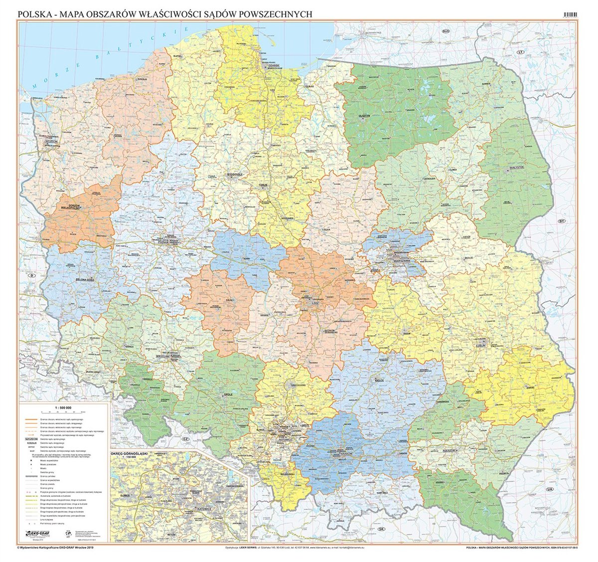 EkoGraf, Polska - mapa ścienna obszarów właściwości sądów powszechnych na podkładzie w drewnianej ramie, 1:500 000