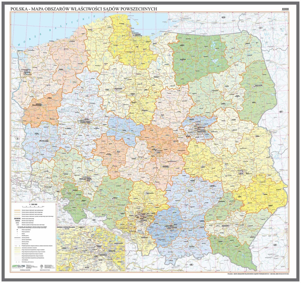 EkoGraf, Polska - mapa ścienna obszarów właściwości sądów powszechnych na podkładzie do wpinania - pinboard, 1:500 000