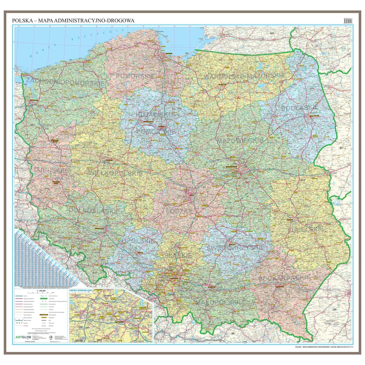 Polska - mapa ścienna administracyjno-drogowa do wpinania - pinboard, 1:350 000, ArtGlob