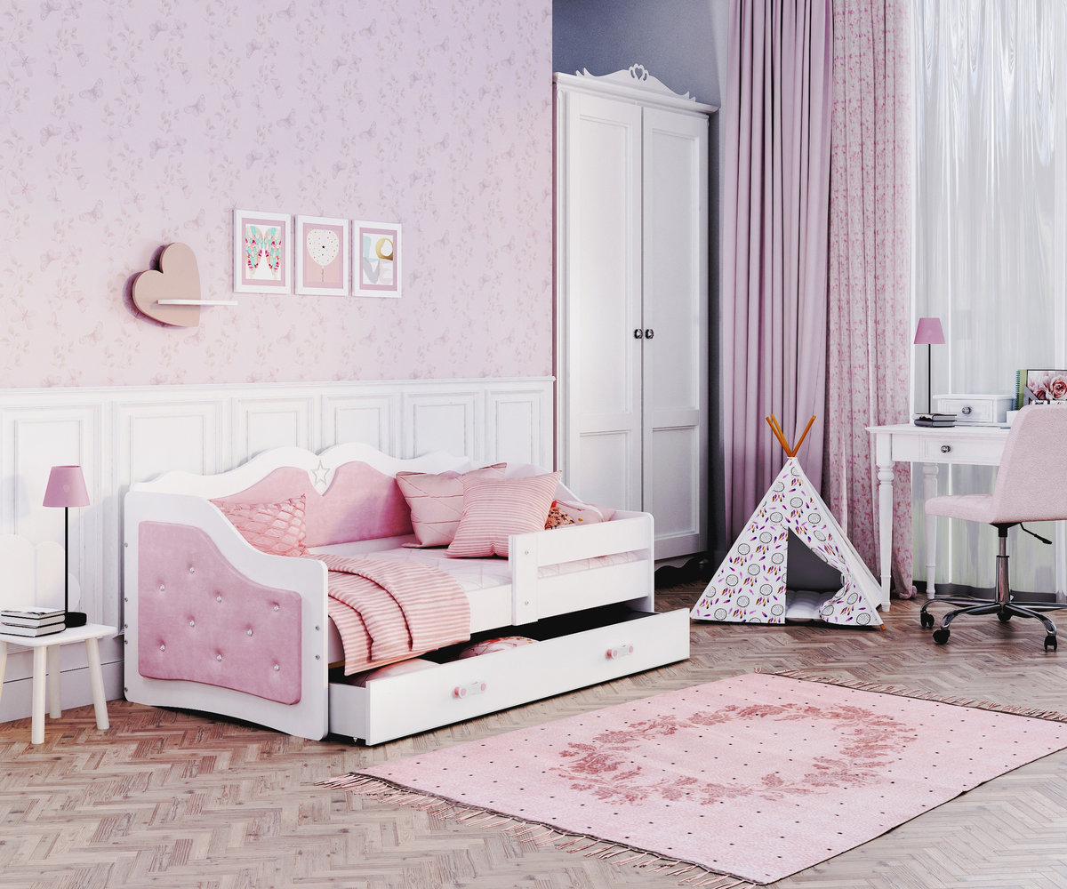 Łóżko tapicerowane 160x80 jasny róż + materac LILI