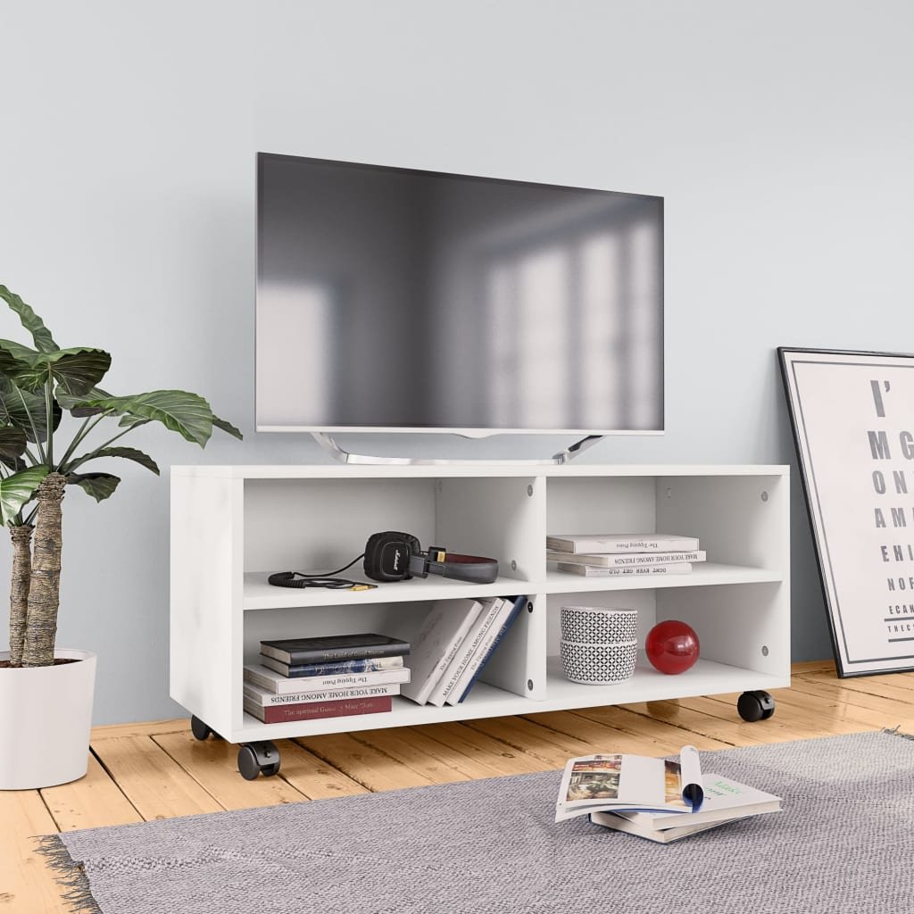 vidaXL Szafka pod TV z kółkami, biała, 90x35x35 cm, płyta wiórowa
