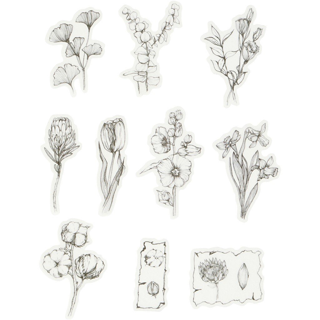 Naklejki, Washi Kwiaty, czarno-białe