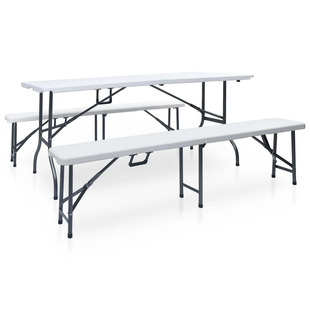 vidaXL Składany stół ogrodowy z 2 ławkami, 180 cm, stal i HDPE, biały