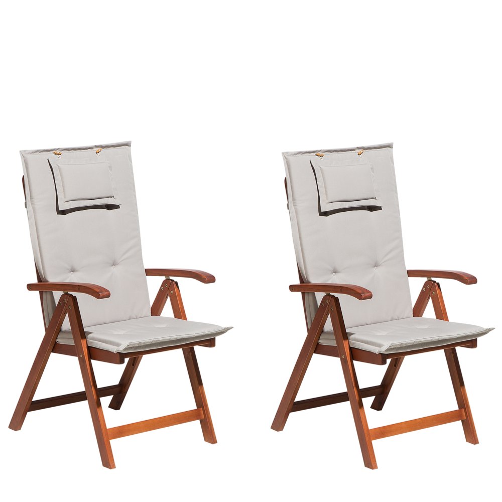 Beliani Zestaw 2 krzeseł ogrodowych drewnianych z szarobeżowymi poduszkami TOS