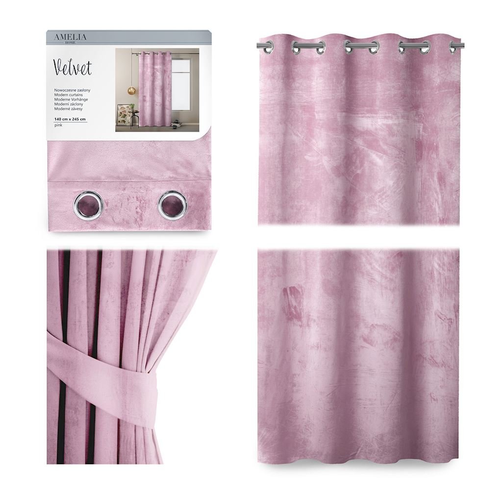 Ameliahome Zasłona Welwet przelotki 140x245 Różowa