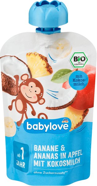 Babylove, Bio, Mus owocowy, Banan, Jabłko, Ananas i Mleko kokosowe, 100 g