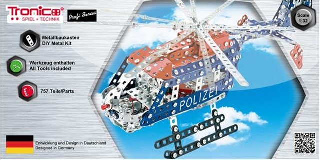 Tronico 10109 metalowe zestaw budowlany Polizei Helikopter, seria Profi, skala 1: 32, 757-częściowy, niebieski