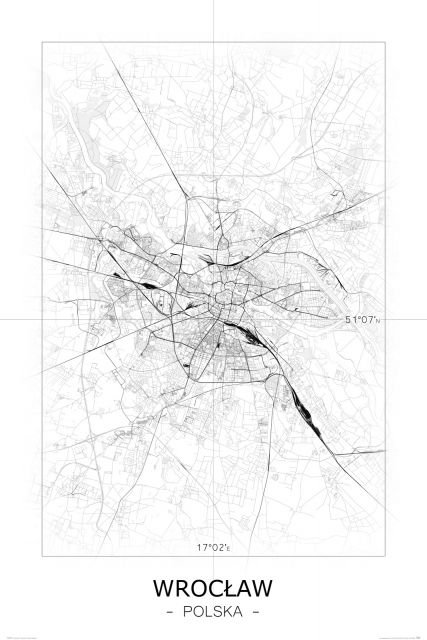 Wrocław czarno biała mapa miasta plakat 61x91,5 cm