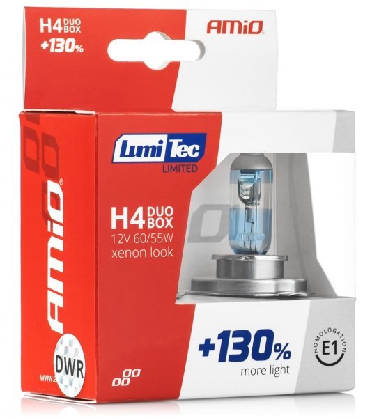 AMIO Żarówki halogenowe Amio LumiTec Limited H4 12V 60/55W +130% więcej światła do 40 metrów dłuższa wiązka xenon look 4300K) S32-9129