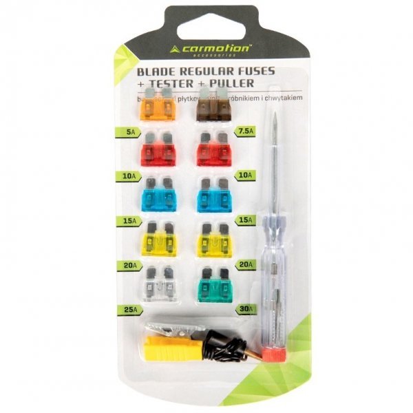 Bezpieczniki płytkowe uni, 10 szt. + próbnik 6-24V