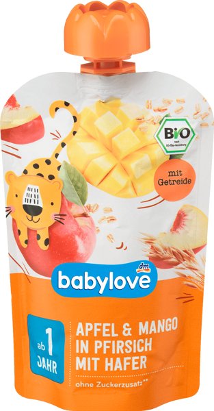 Babylove, Bio, Mus owocowy, Brzoskwinia, Jabłka, Mango i Owies, 100 g