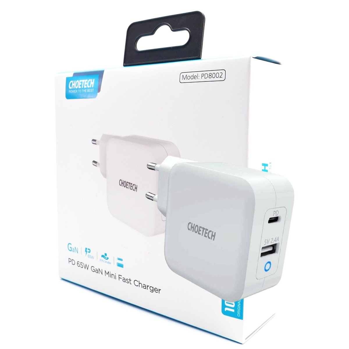 CHOETECH Ładowarka sieciowa CHOETECH PD8002 GaN 2 x USB/USB-C Power Delivery 3.0 65W 5.4A Biały