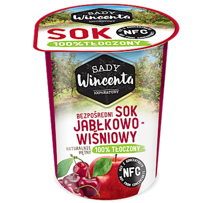 Sady Wincenta Sok w Kubku o smaku Jabłkowo-Wiśniowy 100 Procent Tłoczony